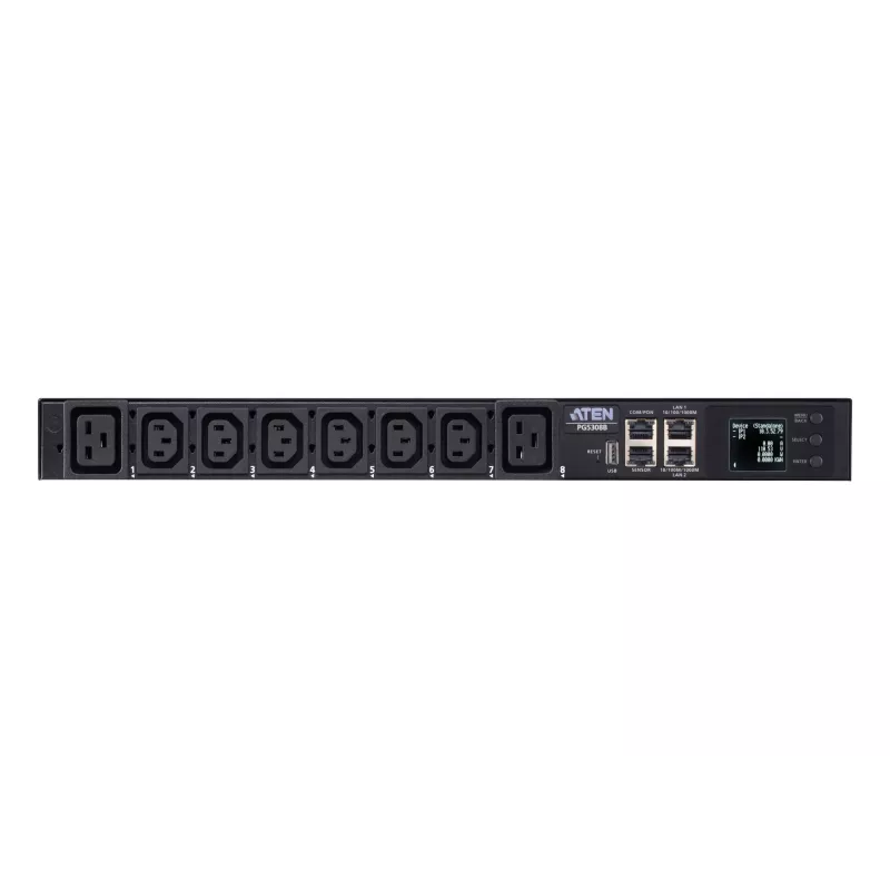 ATEN 32A 8 tomas 1HE Metered eco PDU, Metered, 1HE, negro, LCD, 8 salidas AC, conector hembra C13, conector hembra C19