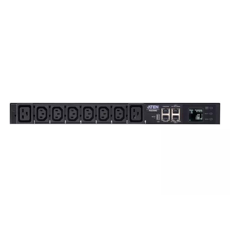 ATEN 32A 8 tomas 1HE Metered eco PDU, Metered, 1HE, negro, LCD, 8 salidas AC, conector hembra C13, conector hembra C19