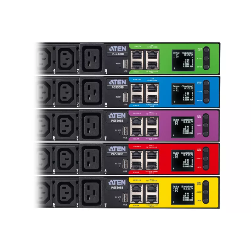 ATEN 32A 8 tomas 1HE Metered eco PDU, Metered, 1HE, negro, LCD, 8 salidas AC, conector hembra C13, conector hembra C19