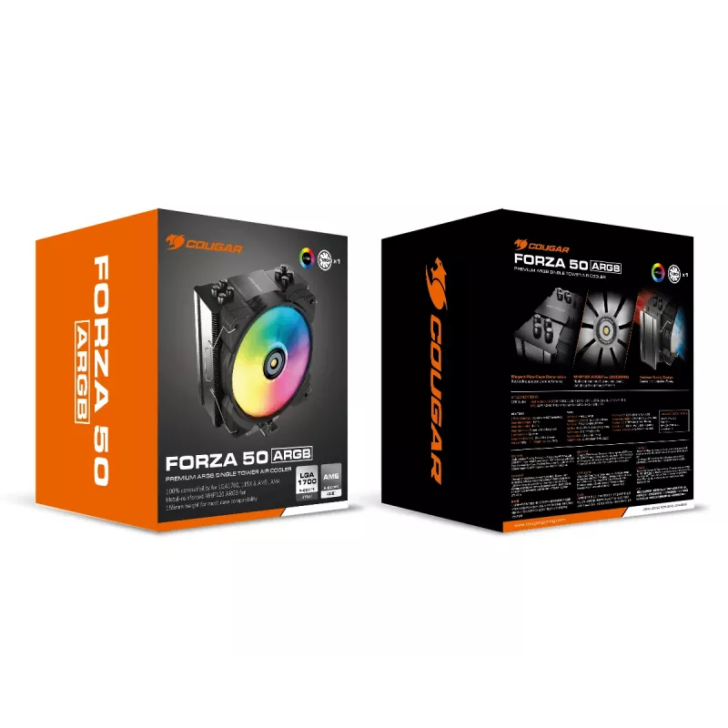 Ventilador de aire Cougar Forza 50 ARGB — flujo de aire 143,53 m³/h, presión de aire máx. 4,24 mmH2O, rodamiento HDB, negro
