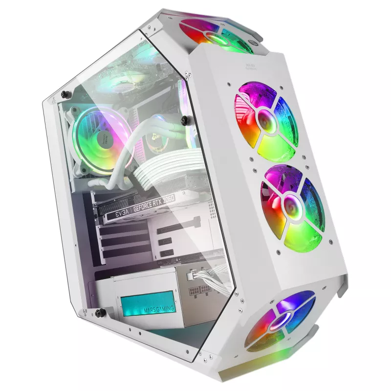 Mars Gaming MC51W Caja gaming ATX para PC blanca con doble cristal templado, 5 ventiladores RGB de 12 cm