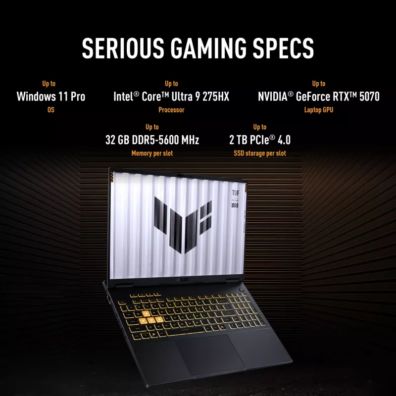 ASUS TUF Gaming F16 FX608JPR-QT014W Intel® Core™ i7 i7-14650HX Portátil 40,6 cm (16 inch) WQXGA 32 GB DDR5-SDRAM 1 TB SSD NVIDIA GeForce RTX 5070 Wi-Fi 6E (802.11ax) Windows 11 Home Neerlandés Negro, Gris