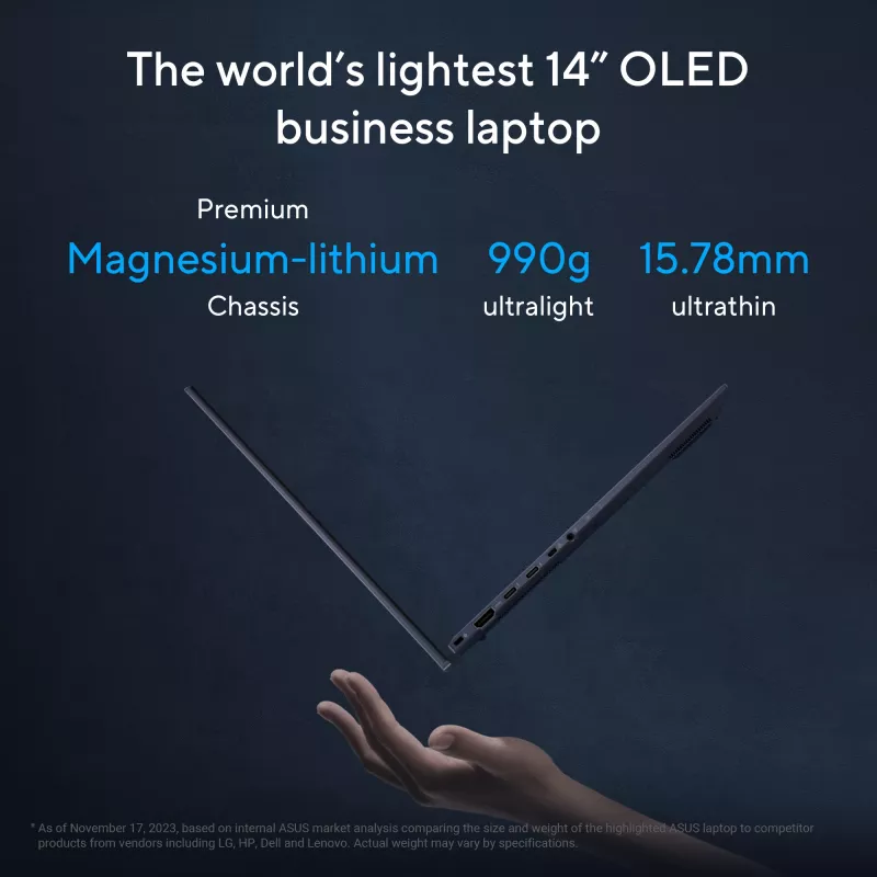 ASUS ExpertBook B9 OLED B9403CVAR-PP1678X Intel Core 7 150U Portátil 35,6 cm (14 inch) WQXGA+ 32 GB LPDDR5x-SDRAM 1 TB SSD Wi-Fi 6E (802.11ax) Windows 11 Pro Alemán Negro