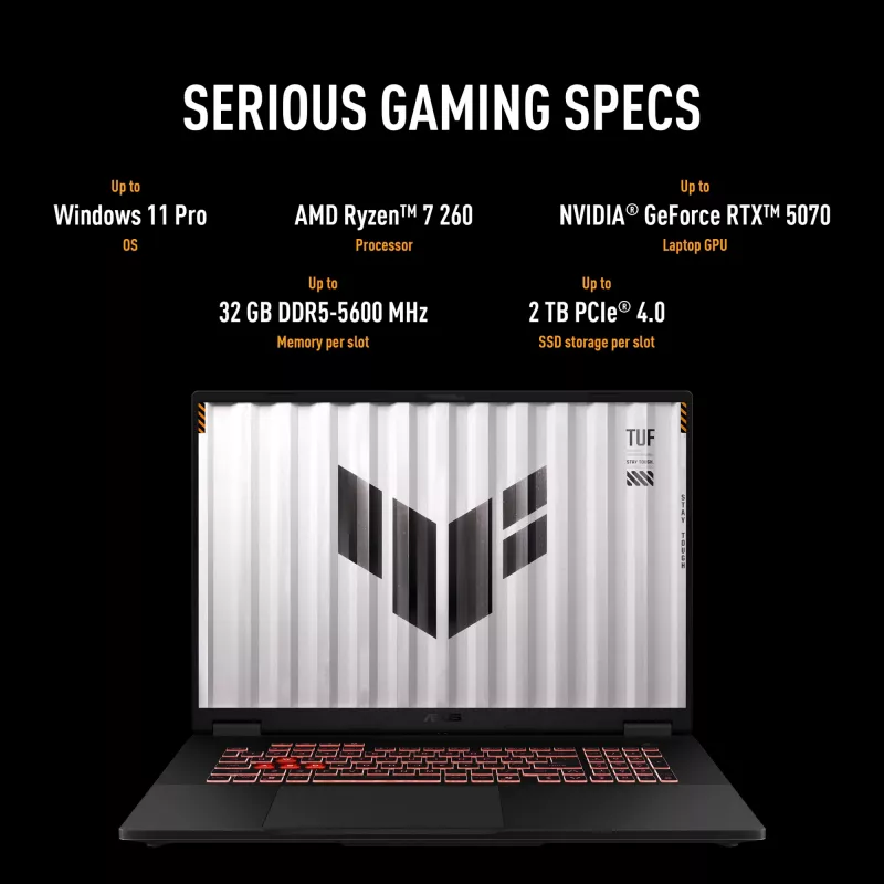 ASUS TUF Gaming A18 FA808UM-S8069W AMD Ryzen™ 7 260 Portátil 45,7 cm (18 inch) WUXGA 16 GB DDR5-SDRAM 512 GB SSD NVIDIA GeForce RTX 5060 Wi-Fi 6E (802.11ax) Windows 11 Home Neerlandés Gris