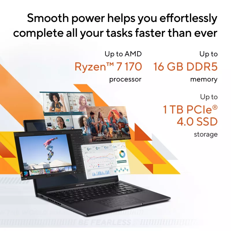ASUS Vivobook 14 M1405NAQ-LY025W AMD Ryzen™ 7 170 Portátil 35,6 cm (14 inch) WUXGA 16 GB DDR5-SDRAM 512 GB SSD Wi-Fi 6 (802.11ax) Windows 11 Home Neerlandés Negro