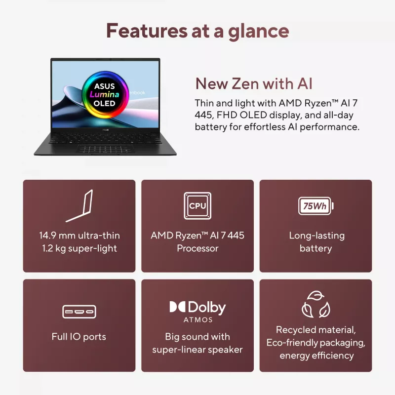 ASUS Zenbook 14 OLED UM3406GA-QD031W Copilot+ PC AMD Ryzen™ AI 7 445 Portátil 35,6 cm (14 inch) WUXGA 32 GB LPDDR5x-SDRAM 1 TB SSD Wi-Fi 6E (802.11ax) Windows 11 Home Neerlandés Negro