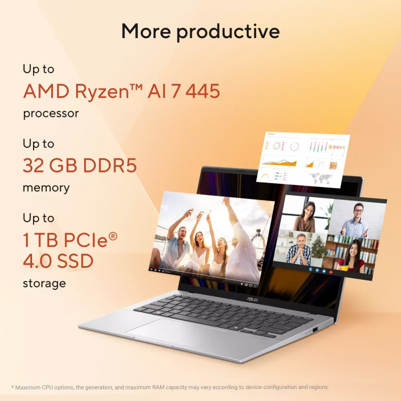 ASUS Vivobook 14 M1407GA-LY012W Copilot+ PC AMD Ryzen™ AI 7 445 Portátil 35,6 cm (14 inch) WUXGA 16 GB DDR5-SDRAM 512 GB SSD Wi-Fi 6 (802.11ax) Windows 11 Home Neerlandés Plata