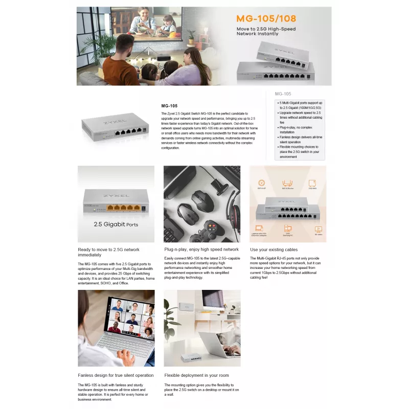 Zyxel MG-105 no gestionado 2.5G Ethernet (100/1000/2500) Steel