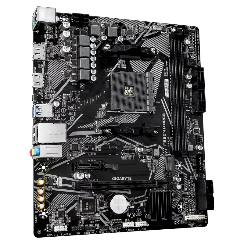 Placa base GIGABYTE A520M H ARGB - compatible con CPUs AMD Ryzen serie 5000, hasta 5100MHz DDR4 (OC), PCIe 3.0 x4 M.2, 1 GbE LAN, USB 3.2 Gen 1