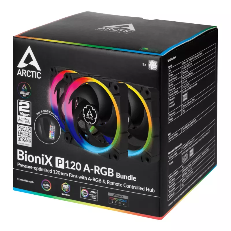 ARCTIC BioniX P120 A-RGB ventilador de caja de 120 mm, pack de 3, negro