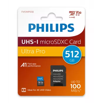 Philips FM51MP65B/00 tarjeta microSDXC, 512 GB, Class 10, UHS-I U3, incl. adaptador