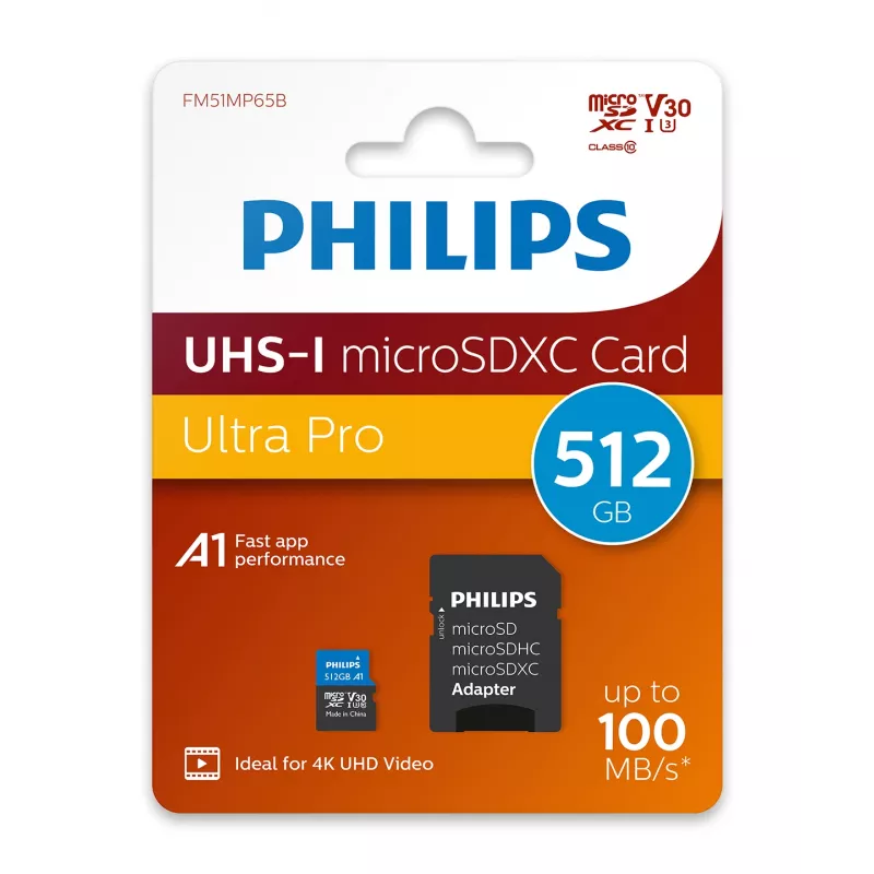 Philips FM51MP65B/00 tarjeta microSDXC, 512 GB, Class 10, UHS-I U3, incl. adaptador