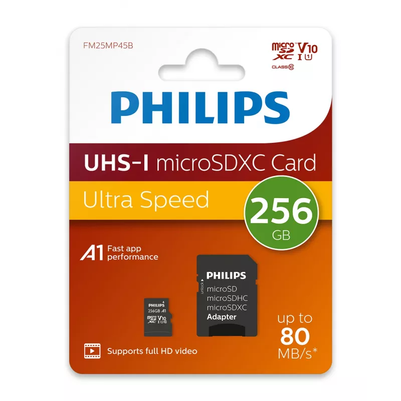 Philips FM25MP45B/00 tarjeta microSDXC, 256 GB, Class 10, UHS-I U1, incl. adaptador
