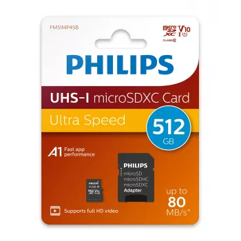 Philips FM51MP45B/00 tarjeta microSDXC, 512 GB, Class 10, UHS-I U1, incl. adaptador