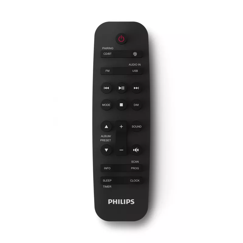 Microcadena de audio doméstico Philips TAM4205M2/12 — 80 W RMS, altavoces de 2 vías, Bluetooth, FM, indicador LED, carga de discos por bandeja (negro/plata)