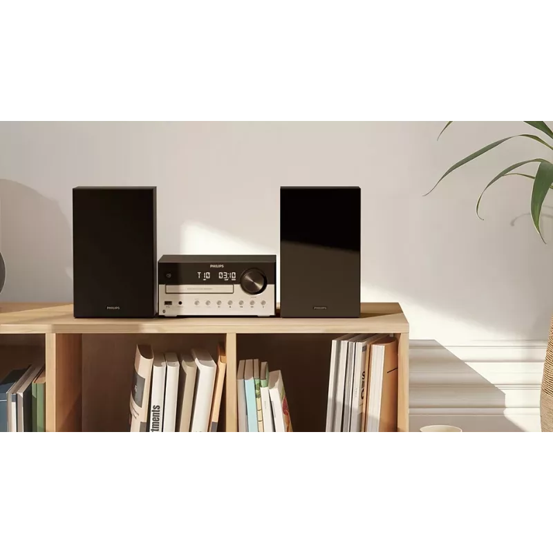 Microcadena de audio doméstico Philips TAM4205M2/12 — 80 W RMS, altavoces de 2 vías, Bluetooth, FM, indicador LED, carga de discos por bandeja (negro/plata)