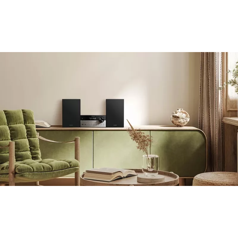 Microcadena de audio doméstico Philips TAM4205M2/12 — 80 W RMS, altavoces de 2 vías, Bluetooth, FM, indicador LED, carga de discos por bandeja (negro/plata)