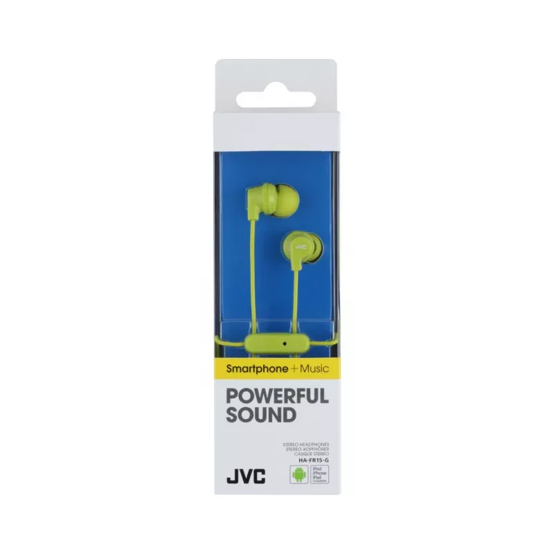 Auriculares in-ear coloridos JVC HA-FR15-G-E con mando a distancia y micrófono