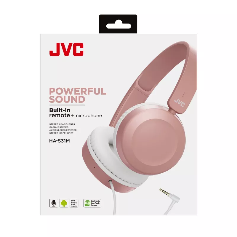 Auriculares on-ear con cable JVC Powerful Sound Rosa, Con cable, 10 - 26000 Hz, Llamadas/Música, 140 g, Auriculares con micrófono, Rosa