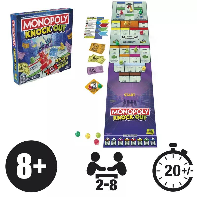 Monopoly Knockout juego familiar, juegos de mesa rápidos para edad 8+, 2–8 jugadores, 20 min.