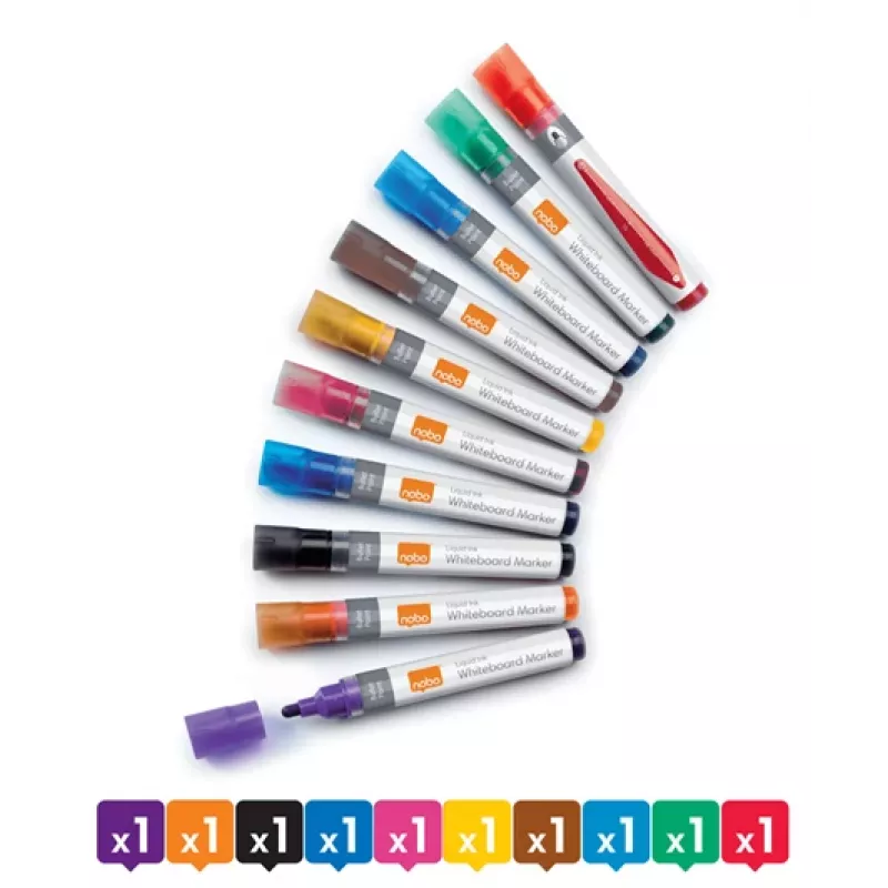 Rotuladores de tinta líquida para pizarra blanca Nobo, punta redonda, pack de 10, 10 uds., multicolor, punta redonda, colores surtidos, 3 mm, 38 mm