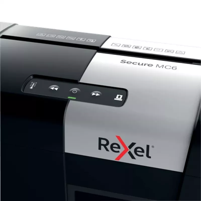 Destructora de papel Rexel Secure MC6 Whisper-Shred, microcorte P5, microcorte, 2 x 15 mm, 18 L, 175 hojas, 55 dB, botones