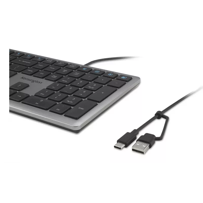 Teclado con cable Kensington KB515 EQ USB-C/USB-A, tamaño completo (100%), con cable, USB, interruptores de tijera, QWERTY, gris