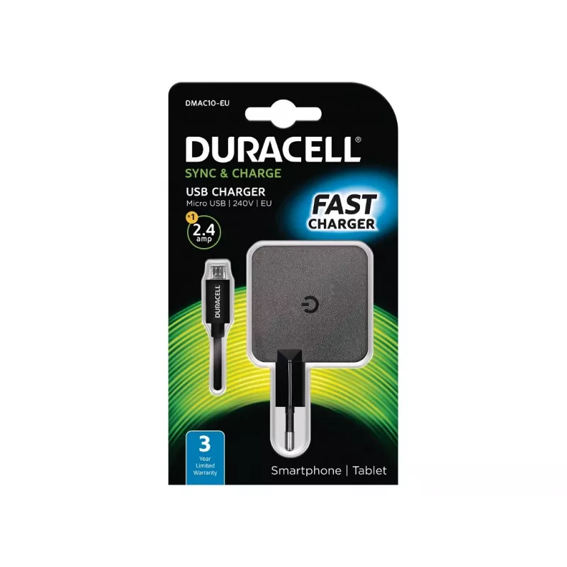 Duracell Cargador de teléfono/tablet 2.4A, Interior, CA, 5 V, 2,4 A, Negro