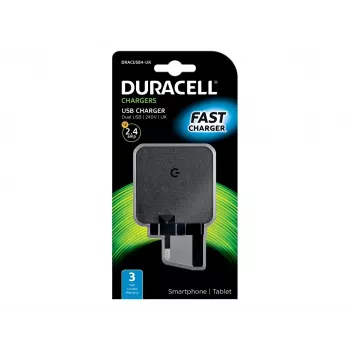 Duracell 2x2,4A cargador USB para teléfono/tablet, interior, AC, 5 V, negro