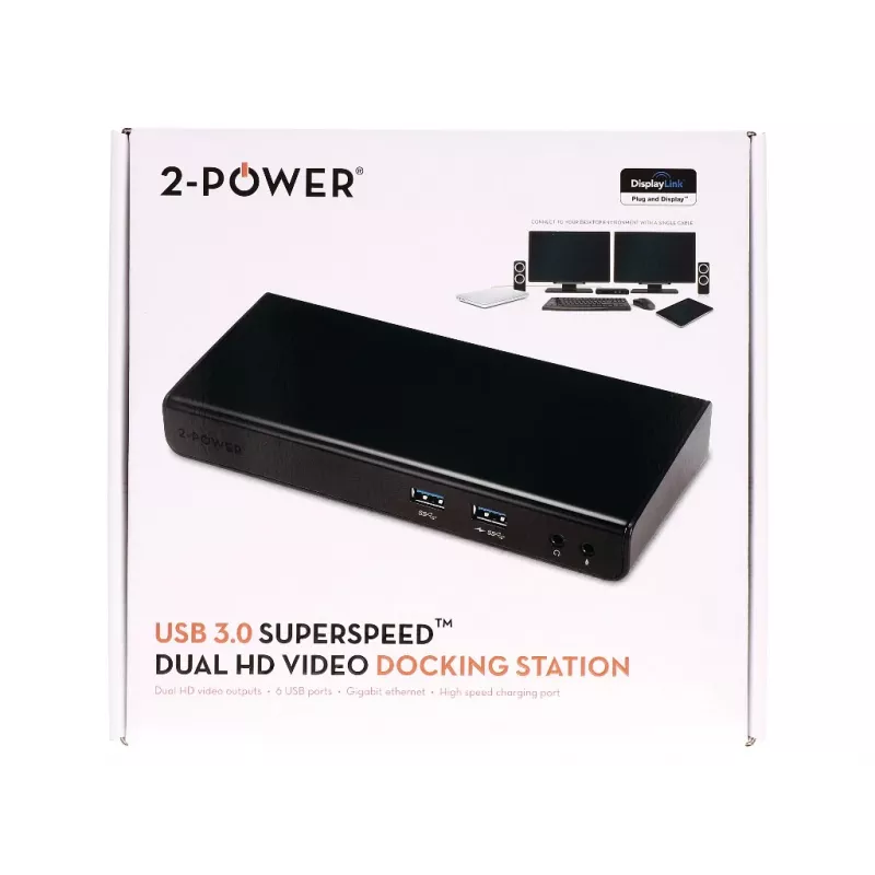 2-Power base de acoplamiento USB 3.0 Dual Display, docking, 3,5 mm, USB Type-A, USB Type-B, 10/100/1000 Mbit/s, negro, 5 Gbit/s