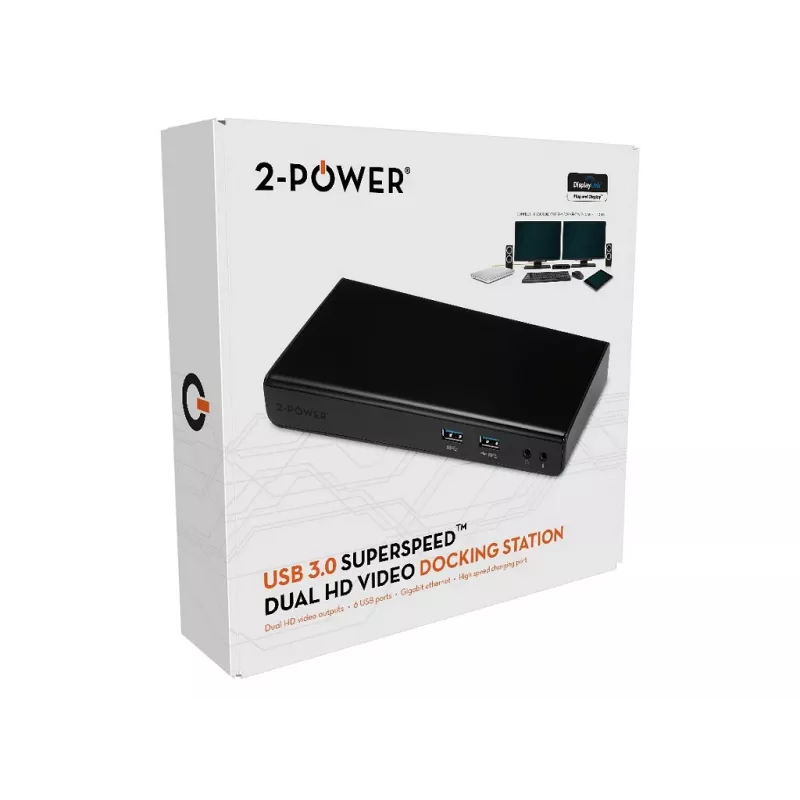2-Power base de acoplamiento USB 3.0 Dual Display, docking, 3,5 mm, USB Type-A, USB Type-B, 10/100/1000 Mbit/s, negro, 5 Gbit/s