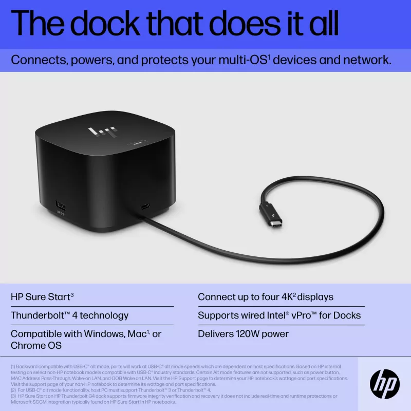 HP Thunderbolt Dock 120W G4, con cable, Thunderbolt 4, negro, Kensington, China, Tailandia, Taiwán, empresarial