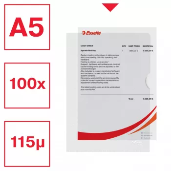 Esselte carpeta Premium A5, carpeta de proyecto, A5, polipropileno (PP), transparente, vertical, 40 hojas