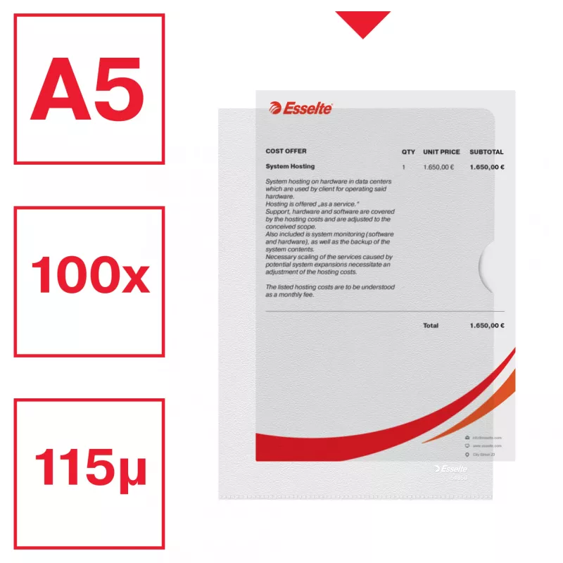 Esselte carpeta Premium A5, carpeta de proyecto, A5, polipropileno (PP), transparente, vertical, 40 hojas