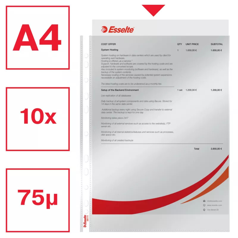 Esselte Funda 75my A4, 210 x 297 mm (A4), Transparente, Polipropileno (PP), Vertical, Superior, 0.075 mm