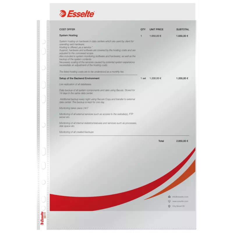 Esselte Funda 75my A4, 210 x 297 mm (A4), Transparente, Polipropileno (PP), Vertical, Superior, 0.075 mm