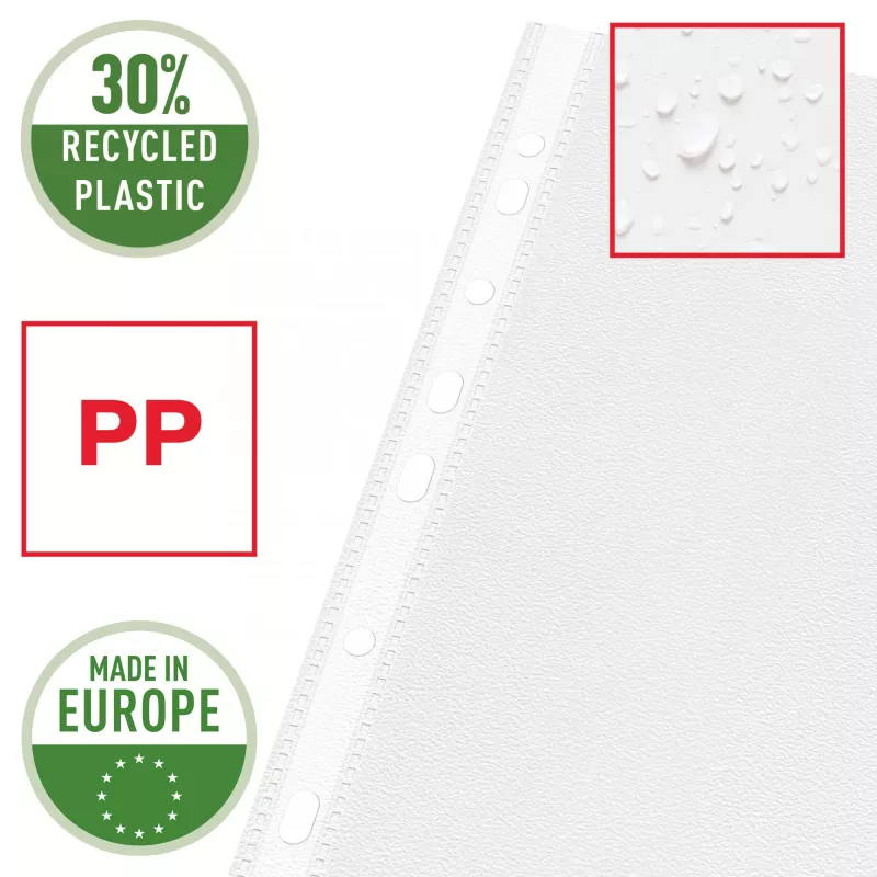 Esselte funda transparente Premium A4 abierta por arriba y por la izquierda, 30 % plástico reciclado preconsumo