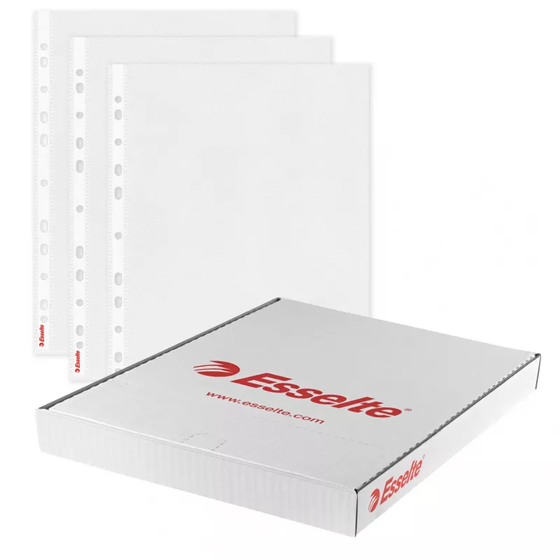 Esselte funda transparente Premium A4 abierta por arriba y por la izquierda, 30 % plástico reciclado preconsumo