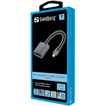 Sandberg adaptador MiniDP1.4>HDMI2.0 4K60, Mini DisplayPort, HDMI Type-A (estándar), conector macho, conector hembra, 3840 x 2160 píxeles, 6 Gbit/s