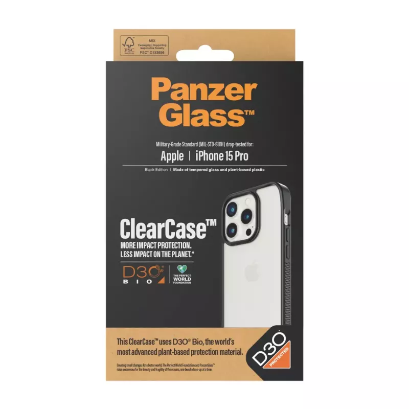 PanzerGlass ® ClearCase transparente con marco negro y D3O® para iPhone 15 Pro