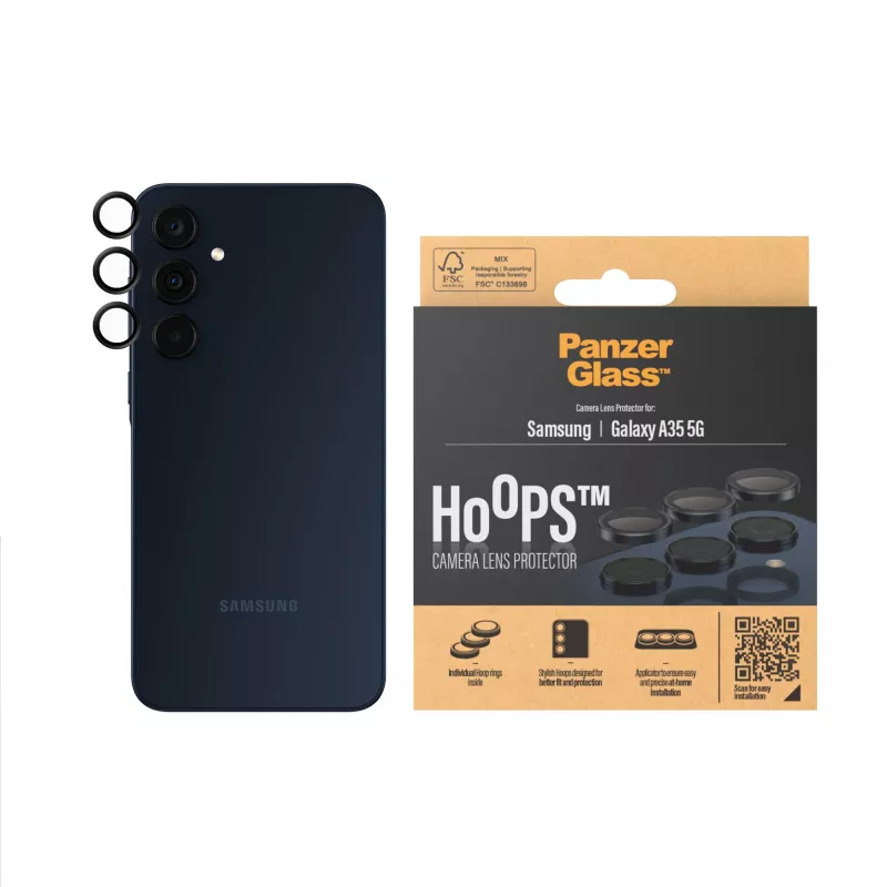 Protector de lentes de cámara PanzerGlass Hoops para Samsung Galaxy A35 5G, vidrio templado, marco negro