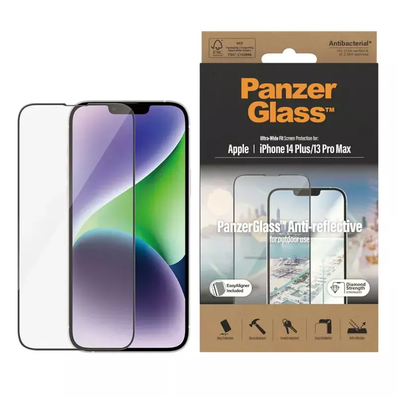 PanzerGlass ® protector de pantalla antirreflejo iPhone 14 Plus | 13 Pro Max | Ultra-Wide Fit con EasyAligner