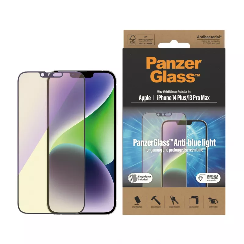 PanzerGlass ® protector de pantalla anti luz azul iPhone 14 Plus | 13 Pro Max | Ultra-Wide Fit con EasyAligner