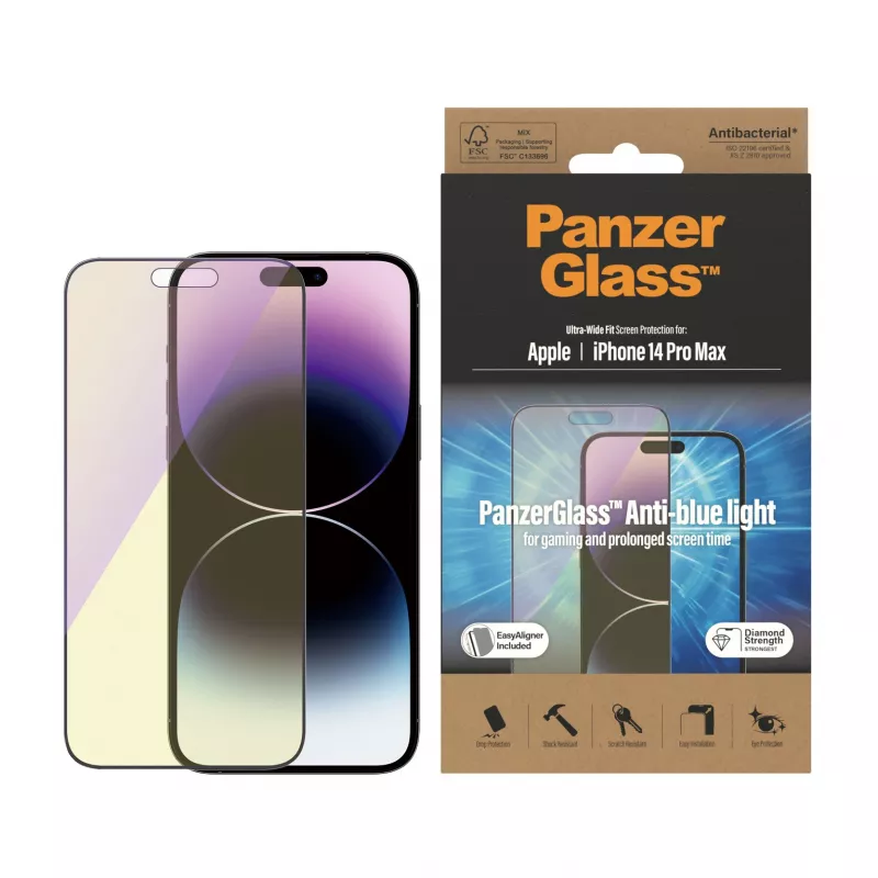 PanzerGlass ® protector de pantalla anti luz azul iPhone 14 Pro Max | Ultra-Wide Fit con EasyAligner
