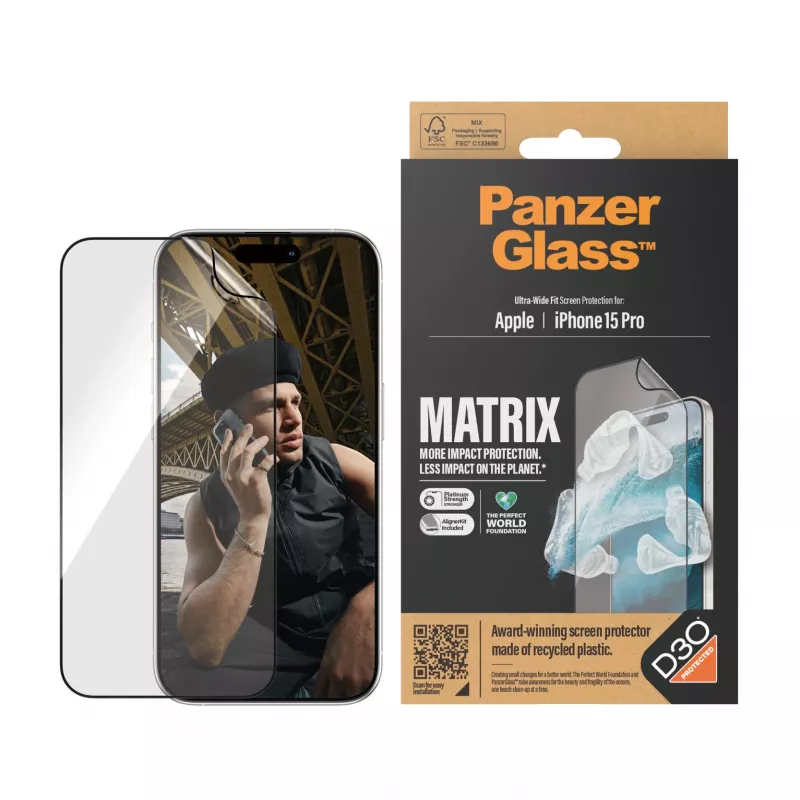 PanzerGlass ® ECO MATRIX protector de pantalla con D3O® iPhone 15 Pro | ajuste ultraancho con AlignerKit
