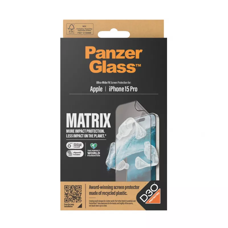 PanzerGlass ® ECO MATRIX protector de pantalla con D3O® iPhone 15 Pro | ajuste ultraancho con AlignerKit