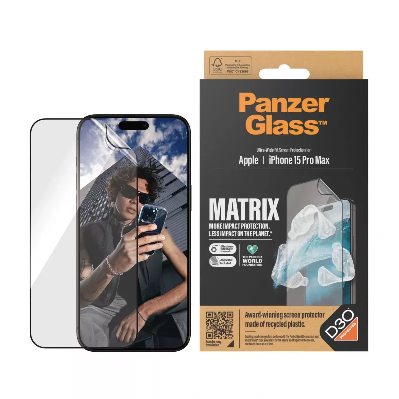 PanzerGlass ® ECO MATRIX protector de pantalla con D3O® iPhone 15 Pro Max | Ultra-Wide Fit con AlignerKit