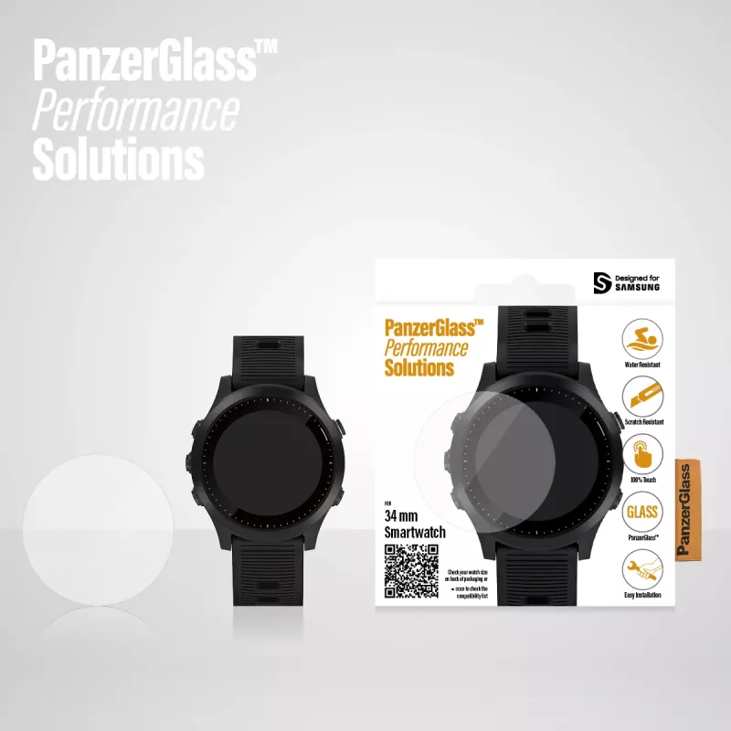 Protector de pantalla PanzerGlass SmartWatch 34mm — vidrio templado 34×34×0,51 mm, transparente