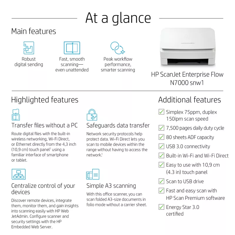 Escáner de hojas HP ScanJet Enterprise Flow N7000 snw1 600 x 600 DPI