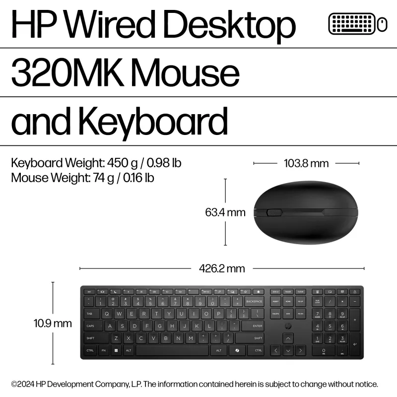 Conjunto de teclado y ratón con cable HP 320MK – USB, teclado de membrana, negro